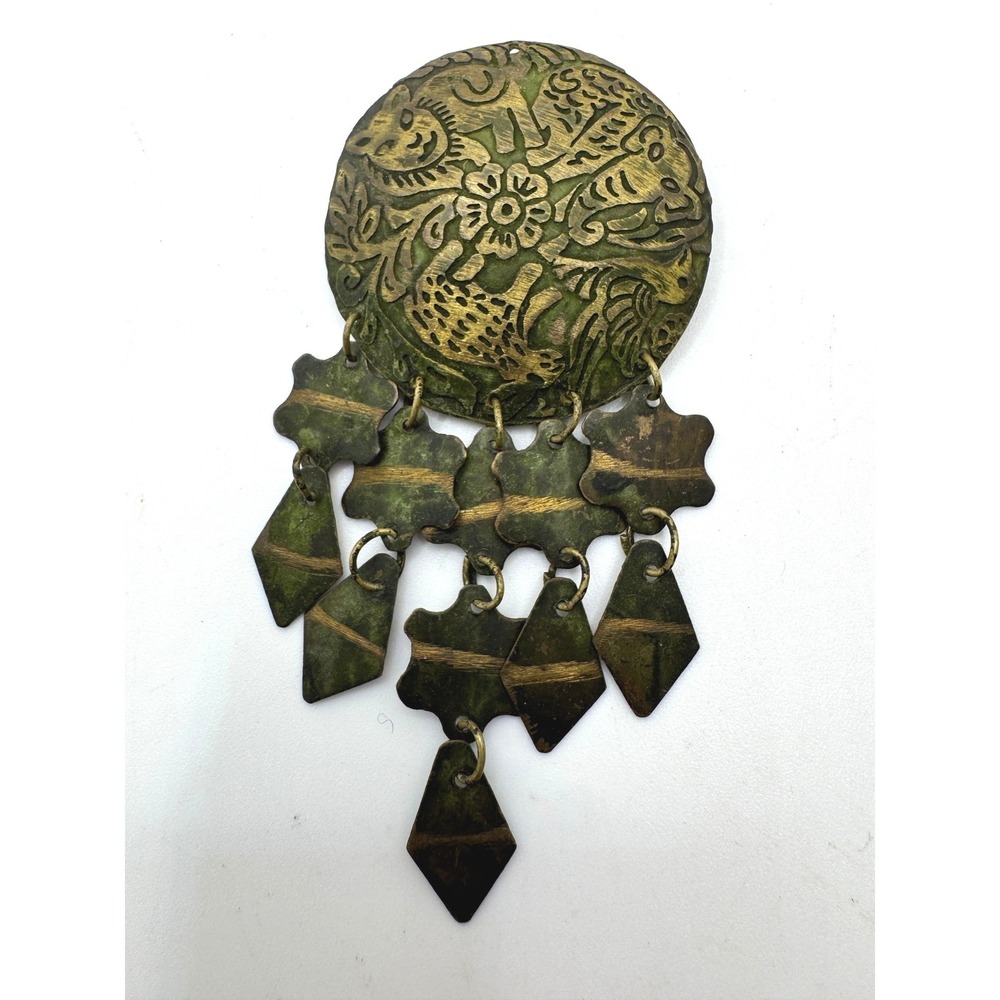 Vintage Style Green Patina Mixed Metal Animal Floral Dangle Brooch Pin Artisan